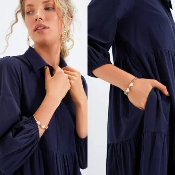 Pomander Place Navy Mabel Tiered Maxi Dress NWT Size L Puff Sleeve - Picture 4 of 11